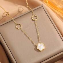 1入不銹鋼雙層疊疊樂五片花墜墜頸鍊時尚女士多件配飾禮物珠寶女孩 - 金色 - 查看 7