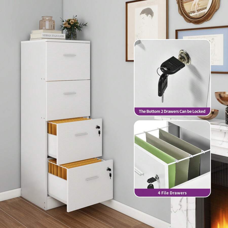 Wooden 4 Drawer Filing Lockable Home Office File Storage Letter