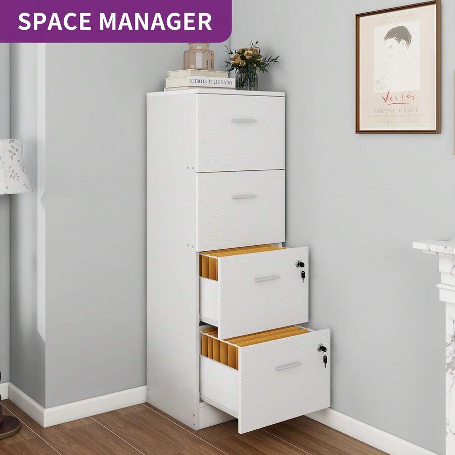 Wooden 4 Drawer Filing Lockable Home Office File Storage Letter