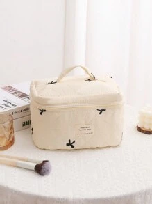 Women's Bow Embroidered And Quilted Makeup Bag Sets, Cute Macaron Color Large Capacity Cosmetic Bag, Lightweight Fluffy Filling Toiletries Bag For Travel Storage,Daily Use. For School Cosmetic Bag Back To School Supplies Cosmetic Storage School Stuff Bag Organizer Room Stuff Travel Essentials Make Up Bag Holiday Essentials Makeup Bags Makeup Pouch Makeup Organizer Holiday Winter Make Up Organizer Makeup Storage Valentines - Beige - View 3