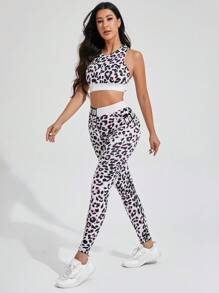 2pcs Leopard Print Crew Neck Tank Top And Pants Summer Sportswear Set - Pink - View 6