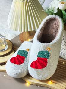 圣诞节新品毛绒圣诞老人，圣诞树，雪人，长袜，姜饼人，驯鹿，树顶星星，雪花保暖内衬厚拖鞋，情侣室内厚底保暖布艺拖鞋，秋冬 - 襪子 - 查看 5
