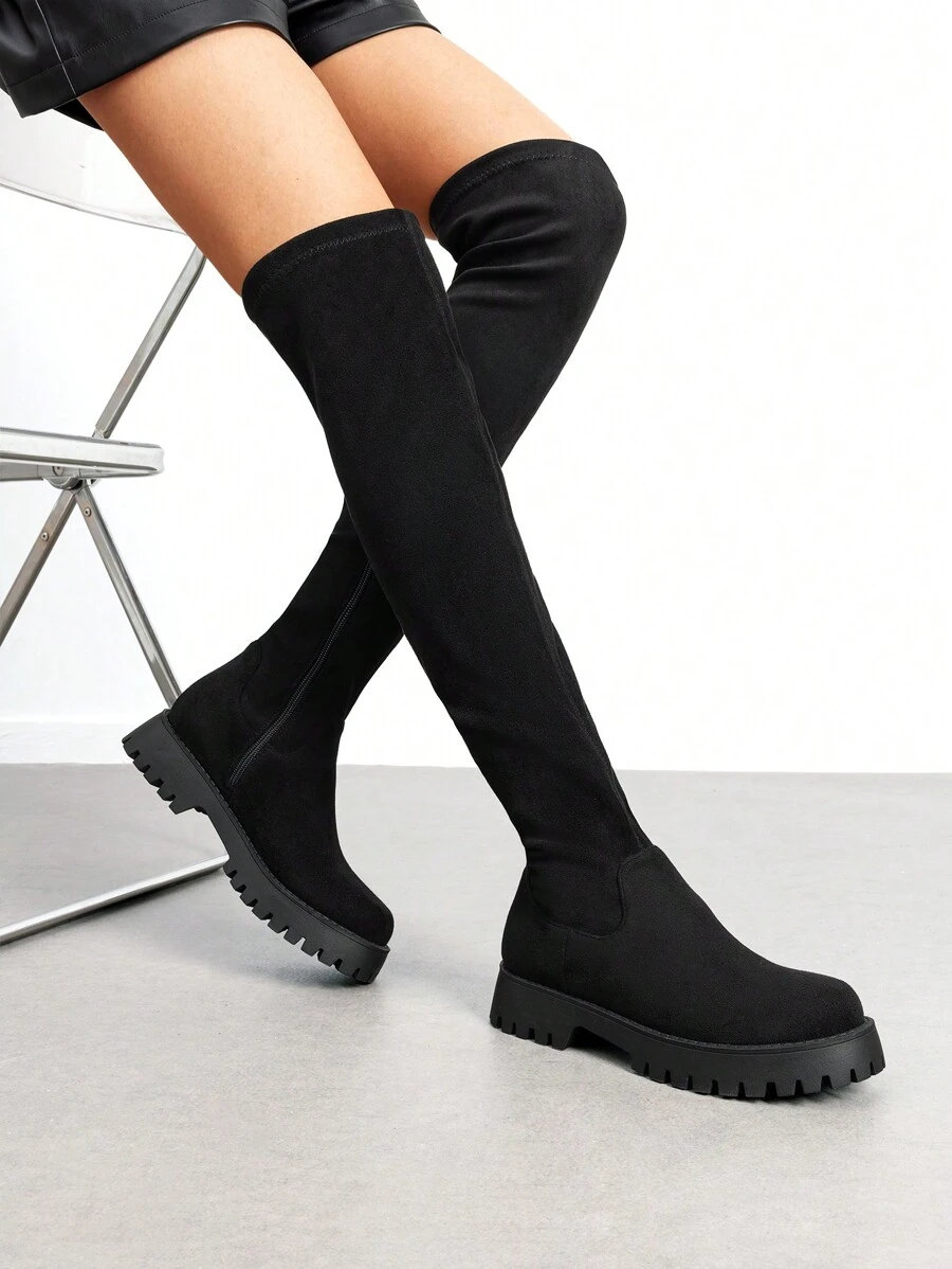 Women Comfortable High-Stretch Over The Knee Boots Autumn Fashion Round Toe Lowland Bold Leather Boots For Daily Commute Christmas Party Prom, Autumn Winter Wearing - 黑色絨面革 - 查看 1