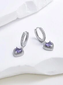 1 par de brincos de coração de zircônia cúbica de prata esterlina 925 glamourosos para mulheres, roxo