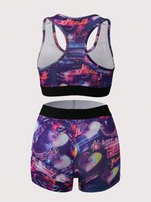 [Science Fiction Series]Women's Letter Print Sports Bra And Pantines Set Lingerie - Purple - View 2