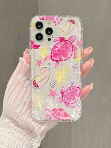 1 pieza Funda de teléfono resistente a golpes de TPU con patrón transparente y colorido de tortuga marina, coral, concha y otras formas de vida marina