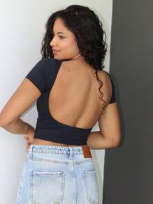 Women's Cropped Open Back Short Blouse Baby Tee Suplex Basic Casual - màu đen - Xem 1