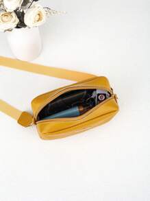 1 Stück gelbe gesteppte V-Rillen geprägte kleine quadratische Damen Umhängetasche, modische vielseitige Schulter-/Umhängetasche mit Kamera mit goldfarbenem Metalldekor