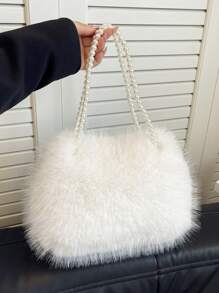 新款秋冬多功能毛绒手提包，优雅大容量双仿珍珠链条单肩包，休闲户外旅行假日购物手提包，轻便通勤腋下包，适合日常办公，秋冬热销女包，新款毛绒钱包，新款女士毛绒包