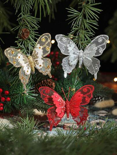 3 件/套，圣诞树闪光仿真蝴蝶饰品，带夹子和覆盖亮片的悬挂蝴蝶装饰，圣诞树/花环/花藤 DIY 用品，节日派对配件，家居装饰，圣诞节