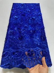 法国亮片薄纱蕾丝面料 2024 蓝色热卖尼日利亚网眼蕾丝面料 5 码/1 码非洲蕾丝面料适用于婚礼派对