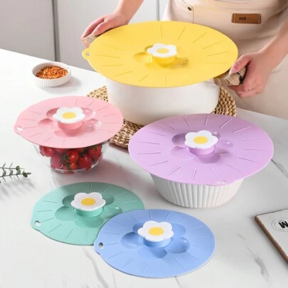 1pc Silicone Flower Pattern Microwave Cover, Reusable Heat-Resistant Suction Lid Fits Cups, Bowls, Plates, Pots, Pans, Stove, Oven, Fridge, Dishwasher