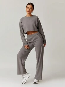 MASKERT Women's Round Neck Short Sweatshirt And Pants Set, Running Exercise Yoga Set, Casual And Comfortable, Skin Friendly - Flint Stone - View 1