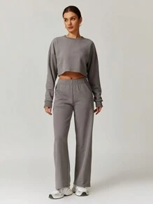MASKERT Women's Round Neck Short Sweatshirt And Pants Set, Running Exercise Yoga Set, Casual And Comfortable, Skin Friendly - Flint Stone - View 5