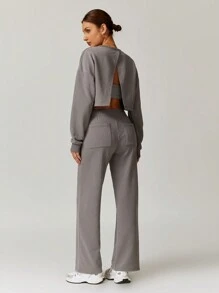 MASKERT Women's Round Neck Short Sweatshirt And Pants Set, Running Exercise Yoga Set, Casual And Comfortable, Skin Friendly - Flint Stone - View 2