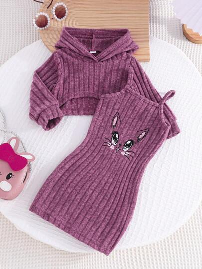 2 st Baby Girls vårhöst set, långärmad huva Crop Top ihop med söt katt grafiskt tryck fritidsklänning, 2 delar outfit