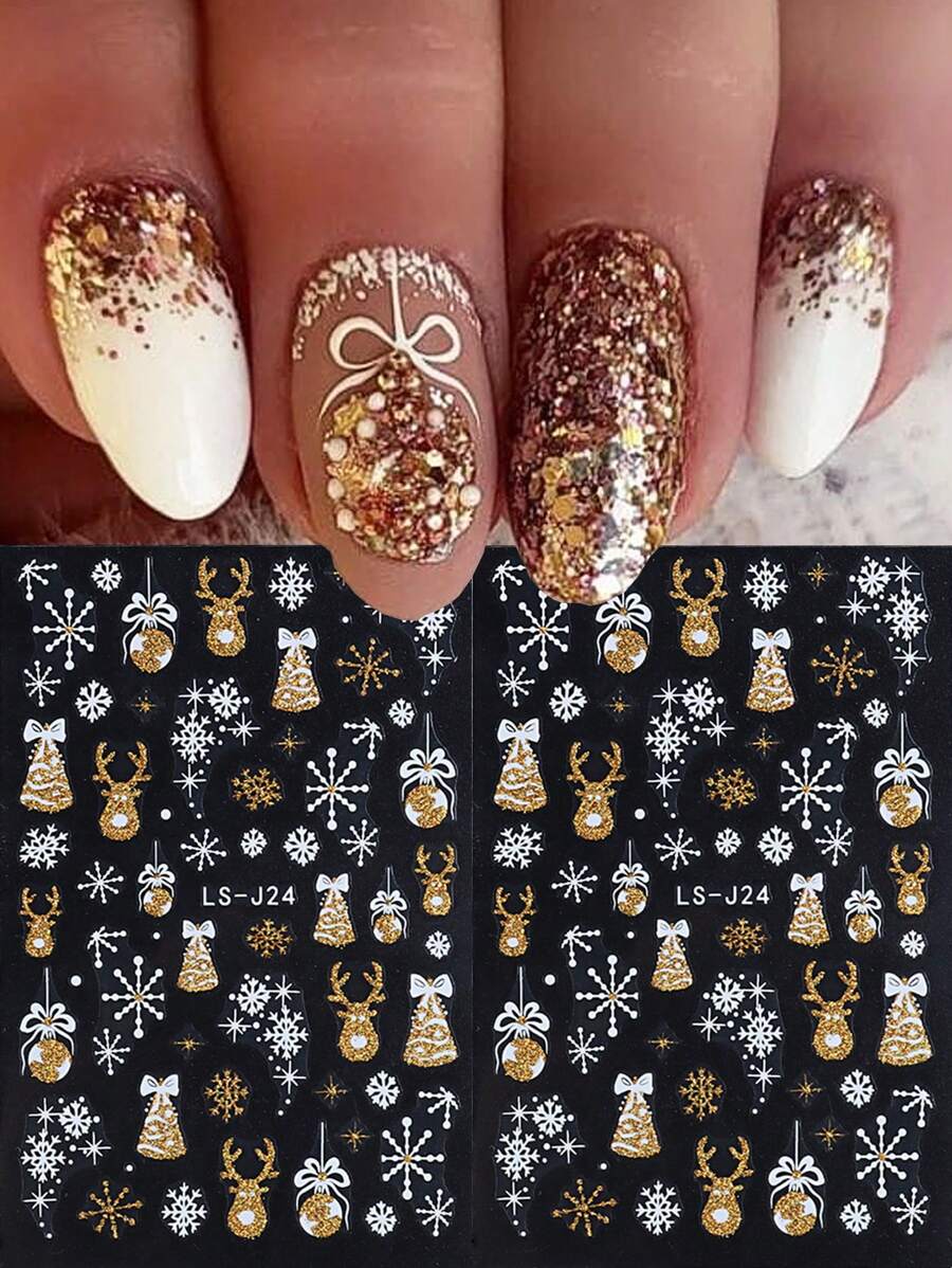 2 Sheets 3D Reflective Nail Stickers Gold Glitter Snowflakes Christmas Decoration Lanterns Sliders Snow Tree Decals Stripe Lines