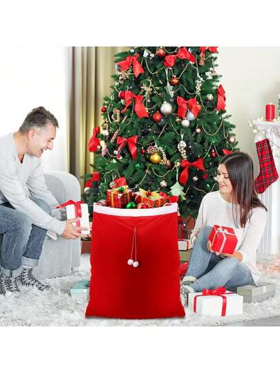 1pc Red Santa Claus Giant Gift Bag, Reusable Oversized Christmas Burlap Bag, Red Soft Christmas Velvet Drawstring Bag, Used For Gift Packaging, Party Christmas Tree Decoration (The Rope Is Random)