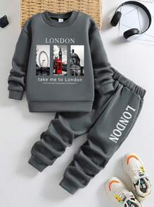 Young Boy Scenic Print Warm Crew Neck Sweatshirt And Sweatpants - Grey - View 1