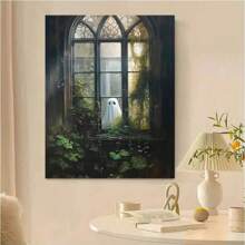 1pc Framed Vintage Ghost Canvas Wall Art Ghost Outside Looking In Cute Yet Spooky Aesthetic Poster Gothic Wall Art Spooky Halloween Decorations Gift For Halloween Lover Preppy Halloween Horror Wall Decor For Dorm Bedroom