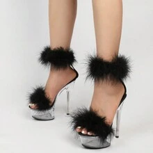 Women New Sexy Nightclub Party Hairy Fashion Transparent Fairy High Heel Sandals 15cm Heel 4.5cm Platform - 黑色 - 查看 3