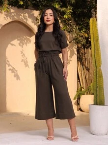 Women's Set: Capri Pantacourt Pants And Elegant Linen Blouse - 軍綠色 - 查看 1