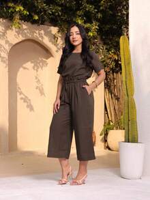 Women's Set: Capri Pantacourt Pants And Elegant Linen Blouse - 軍綠色 - 查看 3