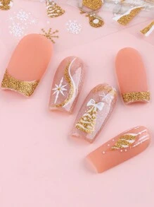 2 Sheets 3D Reflective Nail Stickers Gold Glitter Snowflakes Christmas Decoration Lanterns Sliders Snow Tree Decals Stripe Lines