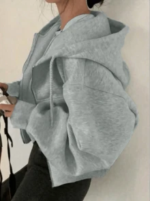 女士休闲纯色连帽抽绳长袖拉链夹克，带口袋，适合日常通勤，秋冬季