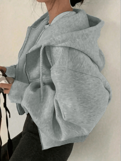 Women's Casual Solid Color Hooded Drawstring Long Sleeve Zip-Up Jacket With Pockets, Suitable For Daily Commute, Autumn/Winter