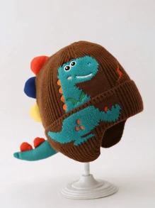 1pc Thick Double Layer Soft & Absorbent Knit Dinosaur Earflap Hat, Suitable For Children Outdoor, Walking, Playing, Skiing And Skating
