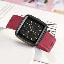 1 件中性方形红色硅胶表带时尚商务石英表，适合男士和女士 - 紅色 - 查看 5