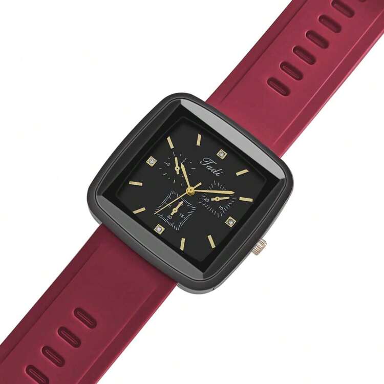 1 件中性方形红色硅胶表带时尚商务石英表，适合男士和女士 - 紅色 - 查看 3