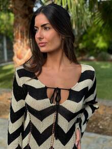 性感春季针织长裙配领带、条纹镂空毛衣连衣裙上衣