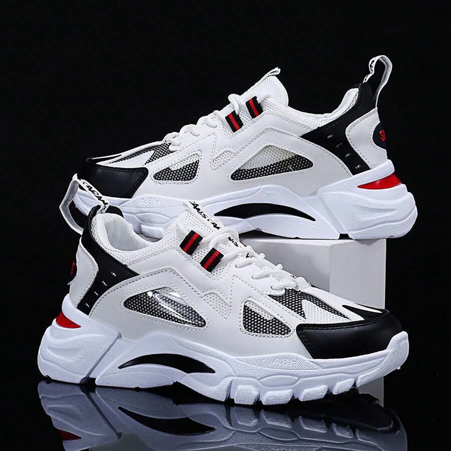 Zapatos deportivos para hombre, zapatos para correr, zapatos transpirables de punto con mosca para hombre, zapatos de malla para papá, zapatos casuales a juego de nuevos colores a la moda - Blanco y Negro - Ver 1