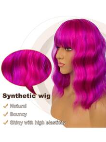 14 英寸蓝色短款鲍勃假发，带刘海，女士蓬松波浪假发，齐肩卷发，合成角色扮演或万圣节假发，适合女孩，彩色服装假发 - 彩色 - 查看 6