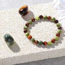 3颗天然石珠手链，8毫米，虎眼石/玉石，招财手链，带来好运、财富和繁荣，脉轮石，天然宝石，男女通用，弹性手链（招财手链） - A型 - 查看 4