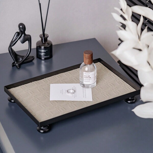 1pc Leather Nordic Style Jewelry Storage Box, Cosmetic Organizer Tray, Home Decor Accessory, Rectangular White Woven Leather Plate For Living Room, Bathroom, Holiday