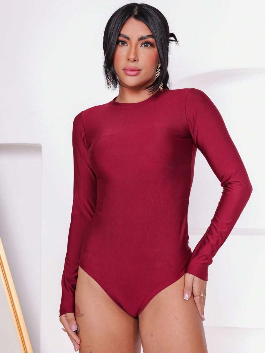 WOMEN'S BODYSUIT WITH CREW NECK AND LONG SLEEVES - Burgundy - View 1
