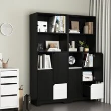Large Wooden Storage Cabinet With 1 Drawer 3 Shelves,Wood Kitchen Storage Cabinets For Kitchen, Dining Room, Bathroom,Laundry,Living Room,Black