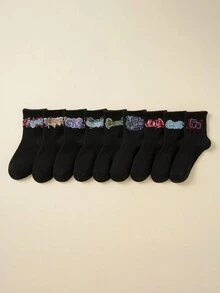 9 双/套男女通用儿童纯色字母印花柔软舒适中筒袜 - 黑色 - 查看 3