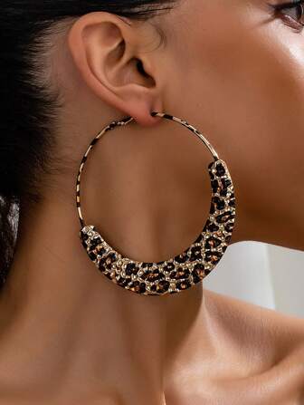 1 Pair Exaggerated Large Hoop Earrings, Leopard Print Modern Statement Earrings For Women, Party & Casual
