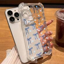 Apple Bow Phone Case New Autumn/Winter Ladies Elegant Stylish Blue Bowknot Heart Silicone Phone Case, Compatible With Iphone 16, 15, 15 Pro, 15 Pro Max, 14, 13, 12, 11, Xs MAX Series, Fashionable And Gorgeous Mobile Phone Protective Cover