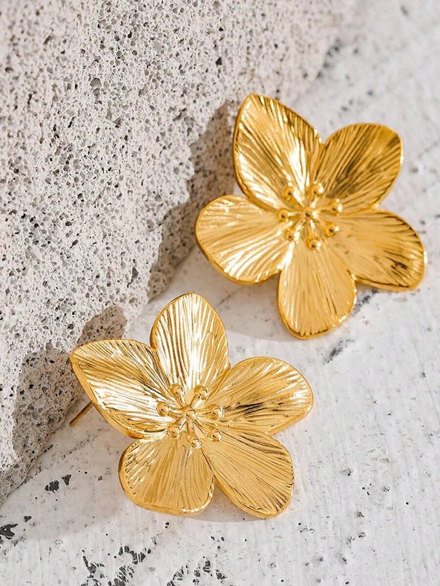 2 件/套大花耳环，18K 镀金不锈钢波西米亚风格女式耳钉 - 花 - 查看 1