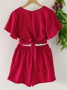 Blouse And Shorts With Feminine Set - 紅色 - 查看 2