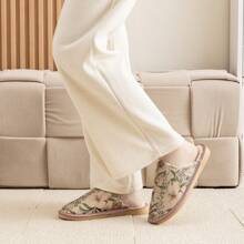 Women's Floral Printed Fabric Warm House Slippers, Non-Slip Soft Bottom Indoor Slippers, Autumn/Winter
