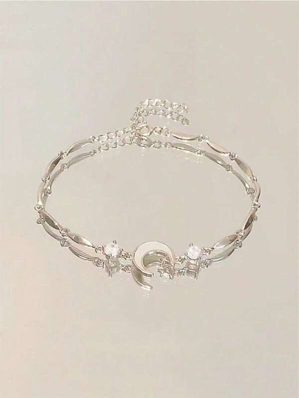 1pc Silver-Color Zirconia Moon Charm Bracelet For Teen Girls