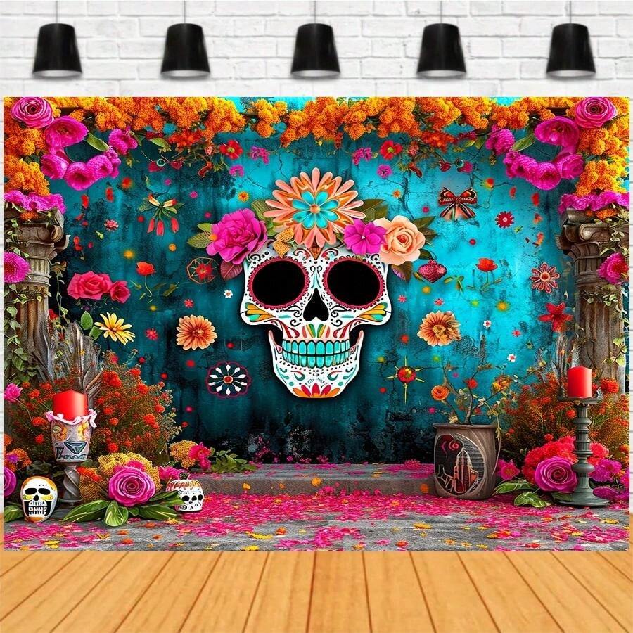 Tela de fondo para el Día de los Muertos tradicional mexicano, con pintura colorida de flores, calavera, vela, decoración para fotografía de retrato, bandera de vinilo, decoración navideña - Multicolor - Ver 1