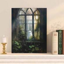 1pc Framed Vintage Ghost Canvas Wall Art Ghost Outside Looking In Cute Yet Spooky Aesthetic Poster Gothic Wall Art Spooky Halloween Decorations Gift For Halloween Lover Preppy Halloween Horror Wall Decor For Dorm Bedroom