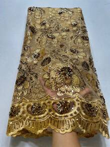 法国亮片薄纱蕾丝面料 2024 蓝色热卖尼日利亚网眼蕾丝面料 5 码/1 码非洲蕾丝面料适用于婚礼派对